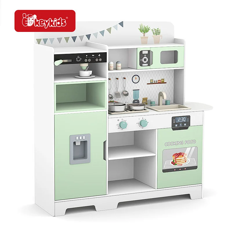 Vintage Mint Green Wooden Play Kitchen Set with Functional Coffee Maker, Oven & Sink Plus Pretend Play Accessories W10C1005